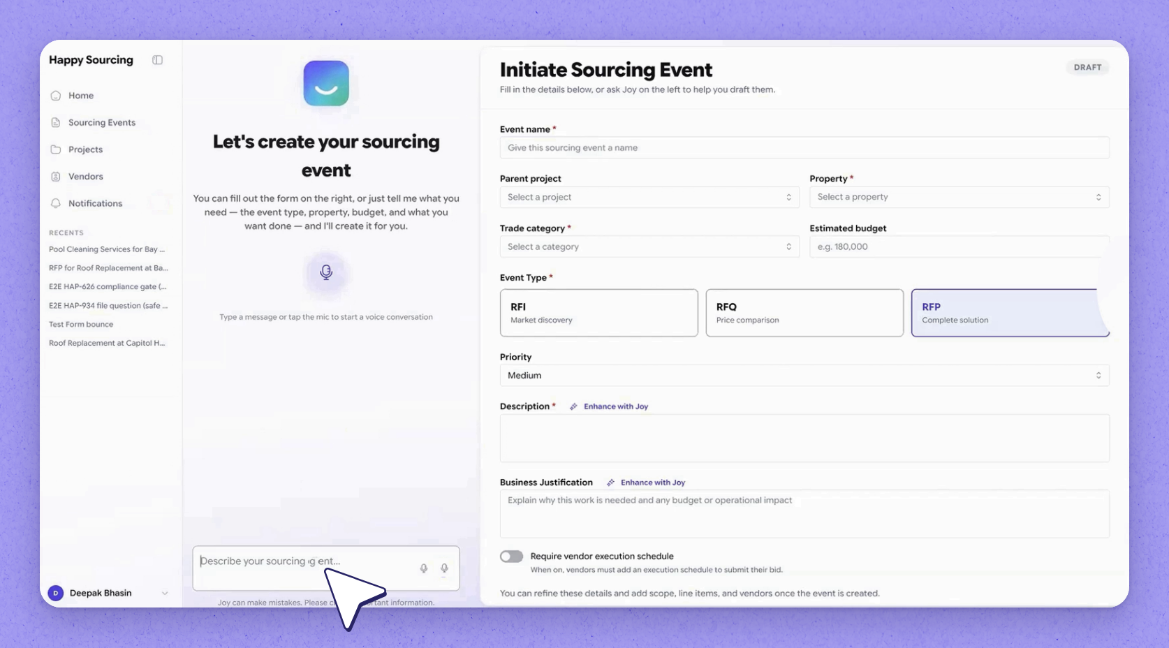 Start a sourcing event with Joy