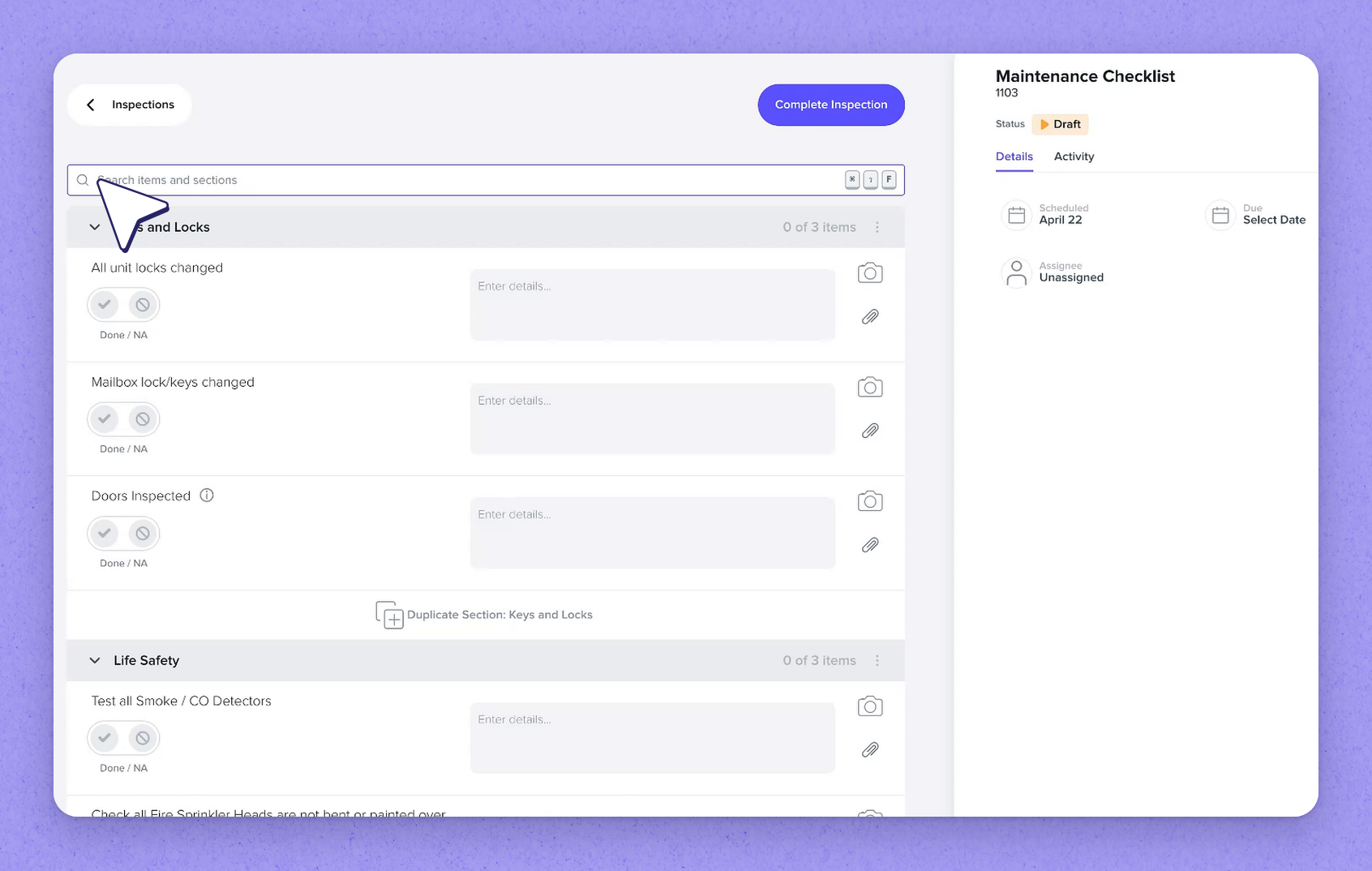 Search and filter inspection items