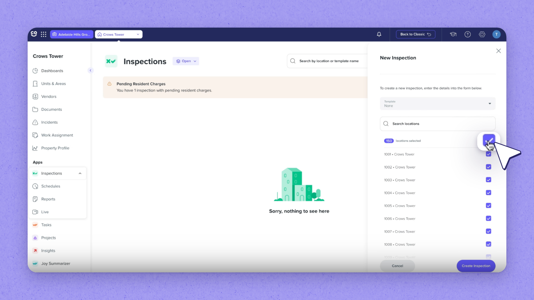Select all locations to create inspections in bulk